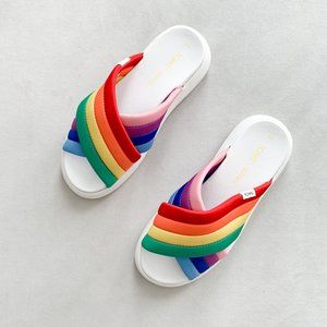 TOMS Women's Rainbow Mallow Puff Slide Sandal Crisscross Platform